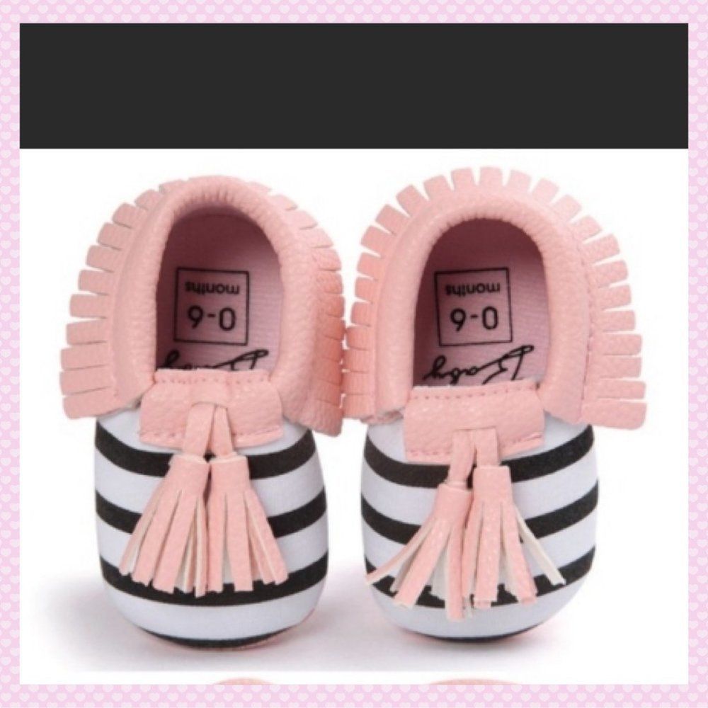 🎉HP🎉 NWT, Infant-Toddler Pink & Black Striped Moccasins: 6-18 month sizes - Picture 3 of 3